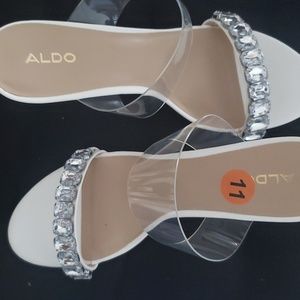Aldo white rhinestone open-toe heels.